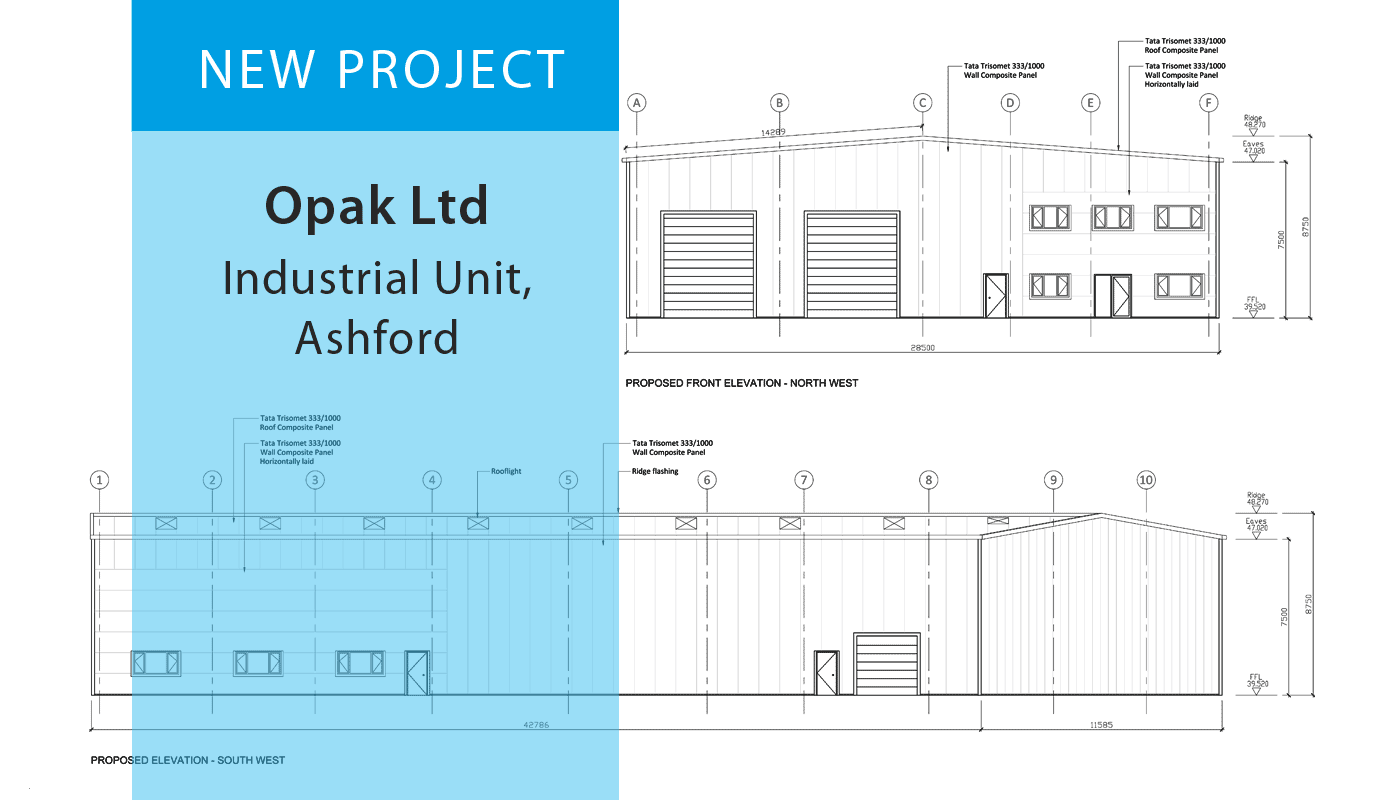 Technical drawings of industrial steel frame unit elevations with project title.