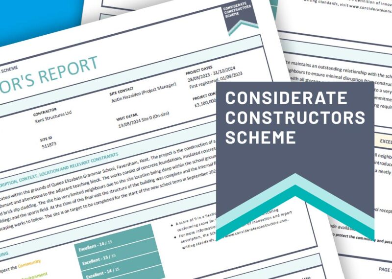 Image of Considerate Contractors Scheme logo and Monitors Report with Excellent rating