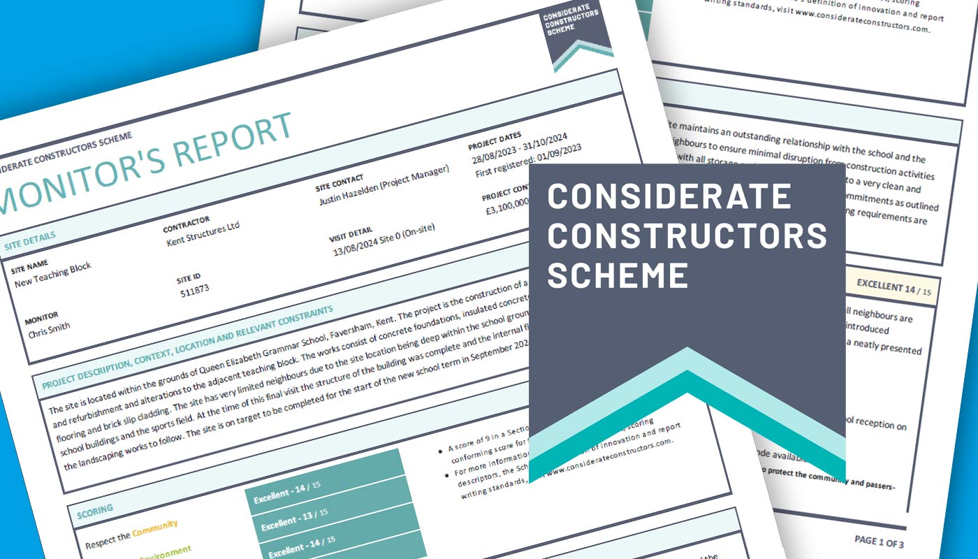 Image of Considerate Contractors Scheme logo and Monitors Report with Excellent rating