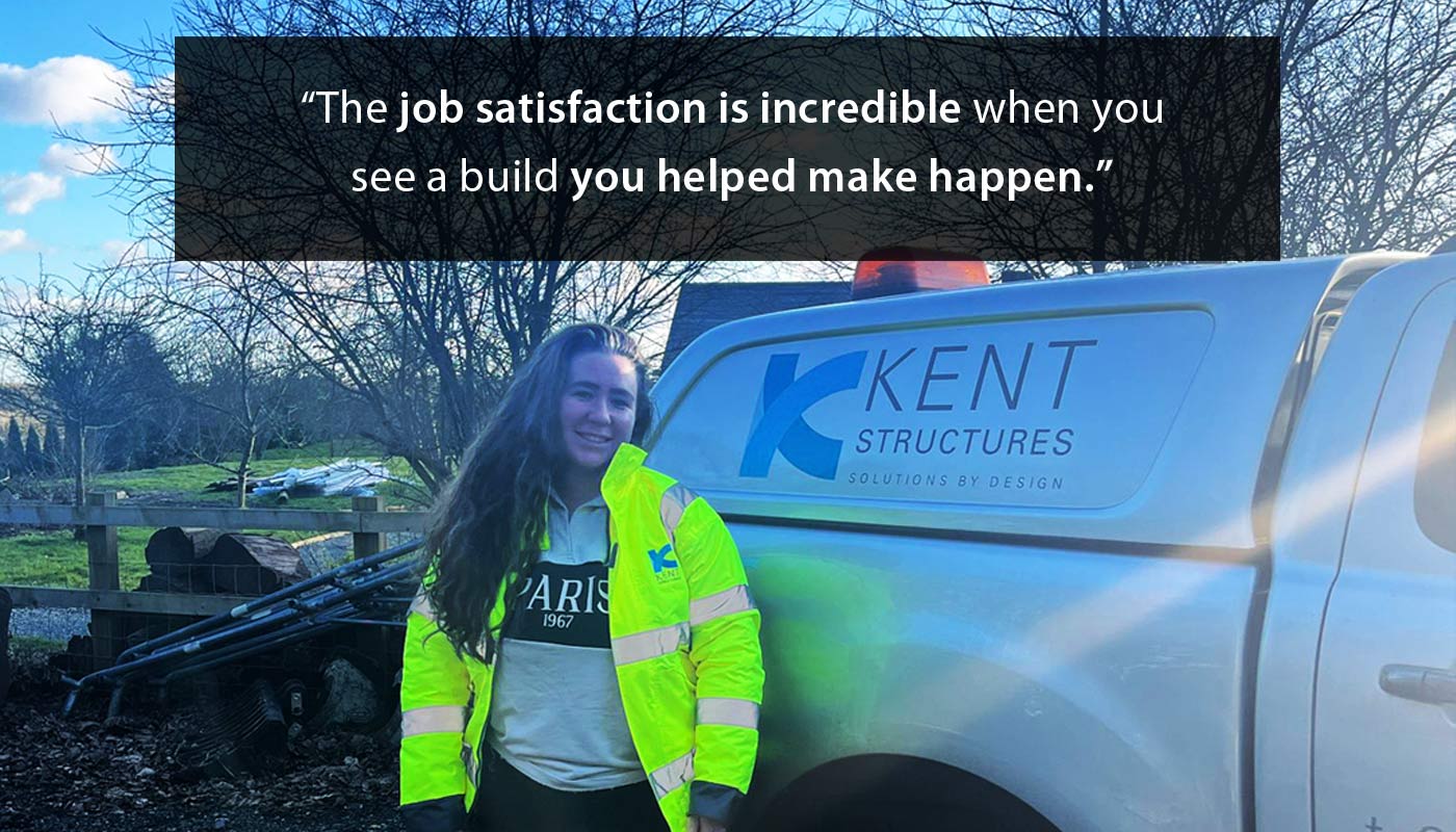 News image with Megan Ronan standing next to a Kent Structures branded van.